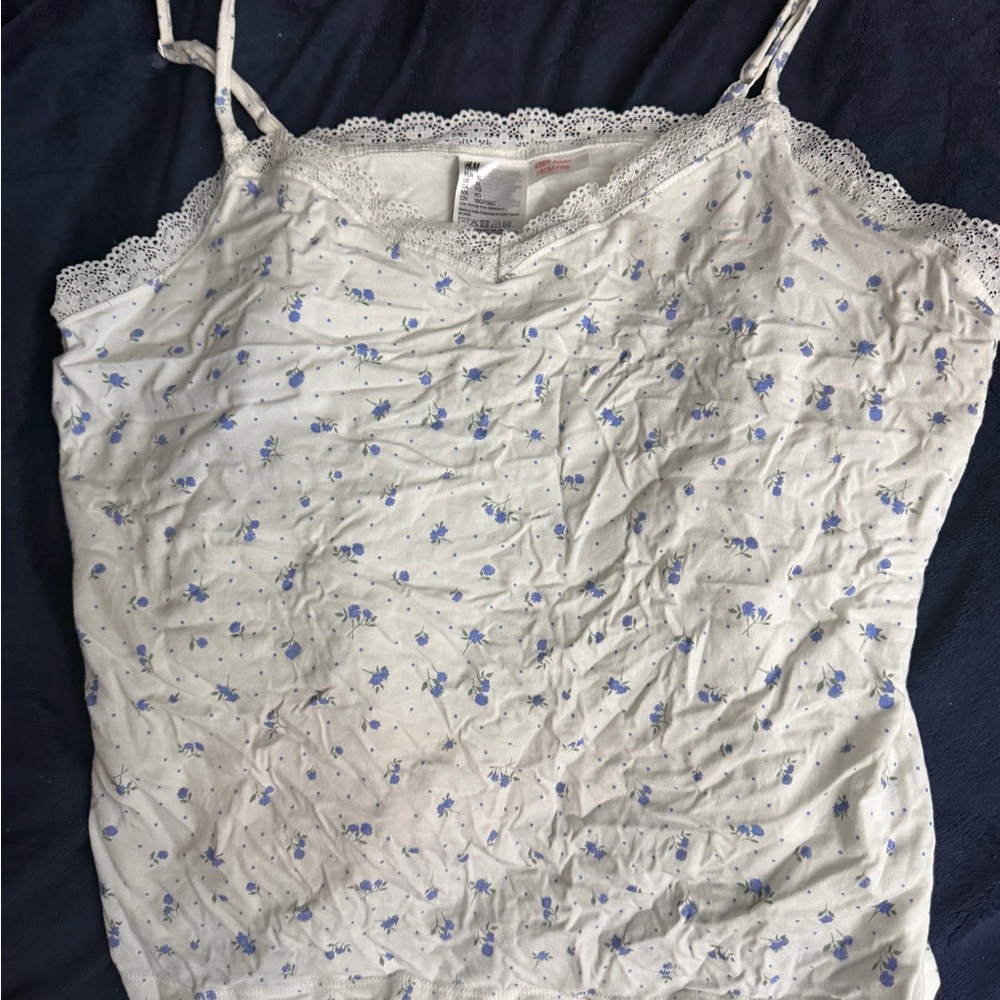 H&M White and Blue Floral Cami with Lace Trim
